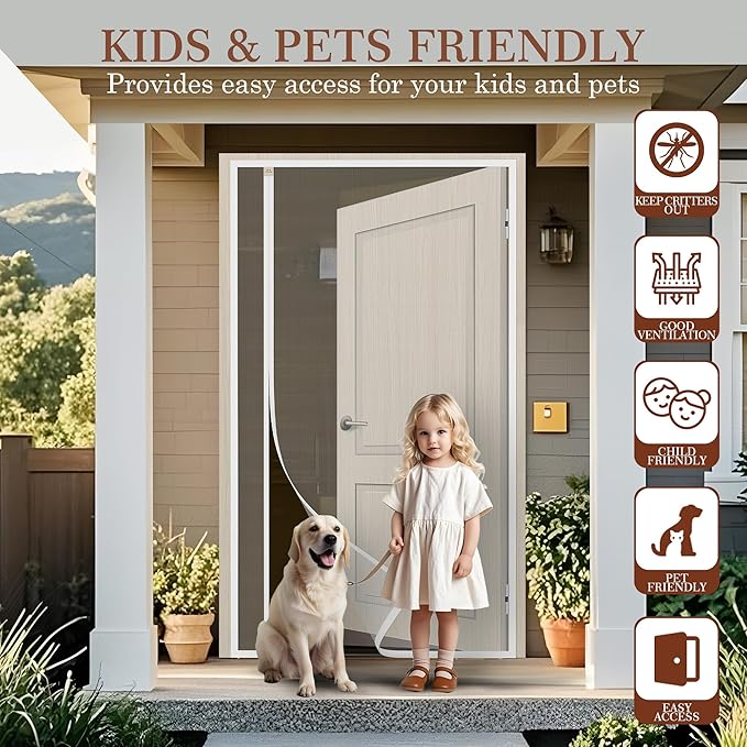 Yotache White Reversible Left Right Side Opening Magnetic Screen Door Fits Door Size 48 x 83, Reinforced Sewing Mesh for Balcony, French, Sliding Glass Door, Actual Screen Size 50" x 84"