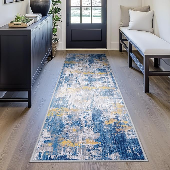 RELEANY Washable Area Rugs 2'x6' Non-Slip Modern Abstract Soft for Living Room Entryway Bedroom Kitchen, Print Pattern, Grey Blue Gold/Golden