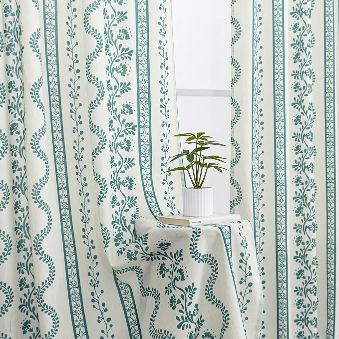 Teal Bohemian Floral Curtains for Living Room, Boho Linen Sheer Curtains for Bedroom 63 Inches Long