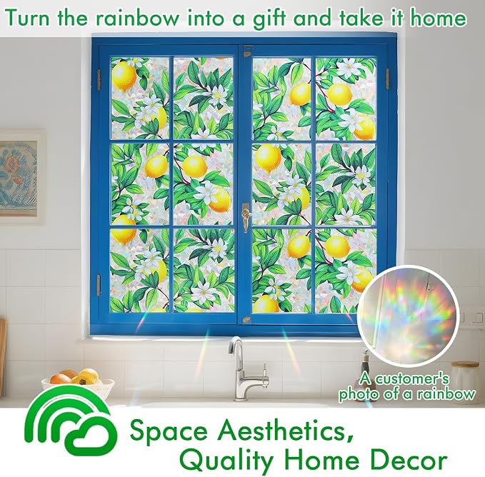 SOMWISE Rainbow Window Privacy Film,Heat Control,UV Blocking,Anti-Glare,Day & Night Privacy Protection & Decoration for Home, Bathroom,Glass Door,Static Cling,Renter-Friendly with Installation Tools