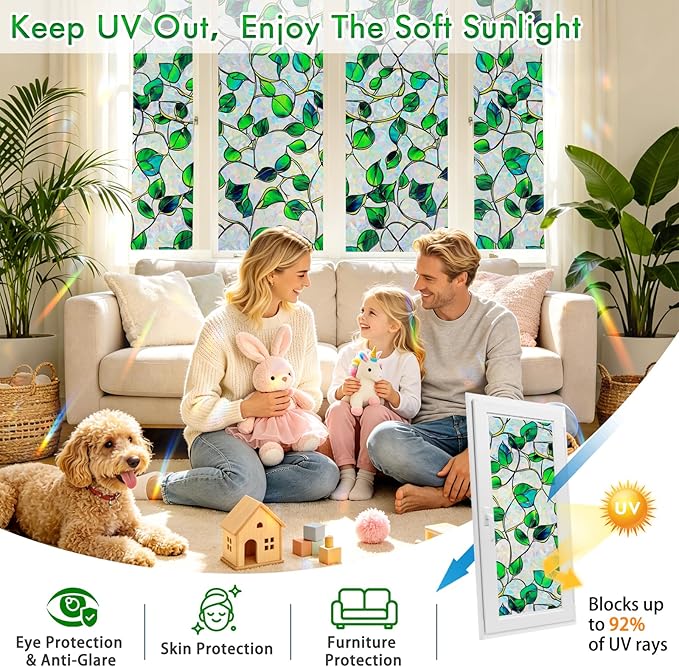 SOMWISE Rainbow Window Privacy Film,Heat Control,UV Blocking,Anti-Glare,Day & Night Privacy Protection & Decoration for Home, Bathroom,Glass Door,Static Cling,Renter-Friendly with Installation Tools