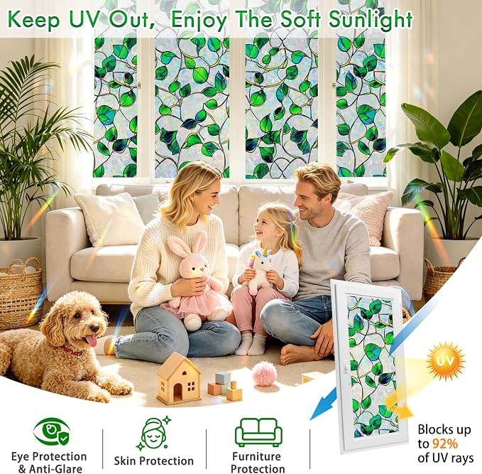 SOMWISE Rainbow Window Privacy Film,Heat Control,UV Blocking,Anti-Glare,Day & Night Privacy Protection & Decoration for Home, Bathroom,Glass Door,Static Cling,Renter-Friendly with Installation Tools