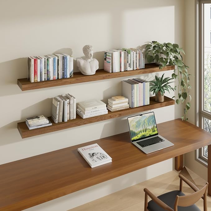 ROGMARS 60 Inches Long Walnut Floating Shelves | Rustic Solid Wood Farmhouse Wall Shelves with Invisible Brackets for Bathroom, Living Room, Bedroom, Kitchen Set of 2