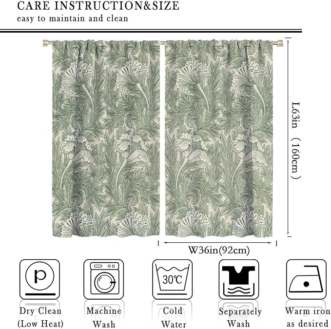 Bohemia William Morris Art Blackout Window Curtains, Vintage Flowers and Foliage Rod Pocket Curtains, for Living Room Bedroom 36(W)*63(L) 2 Panels