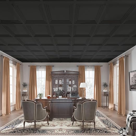 Art3d 12-Pack 2424 Inch PVC Waterproof Drop Ceiling Tiles for Home Décor - 2x2 ft 3D Modern Ceiling Panel for Suspended Grid, Black