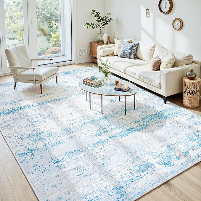 10x14 Area Rugs Washable Rug: Anti-Skid Abstract Modern Living Room Rug Soft Thin Carpets Indoor Floor Non-Shedding Carpet for Bedroom Dining Nursery Home Office (Light Blue/White/Beige,10'x14')