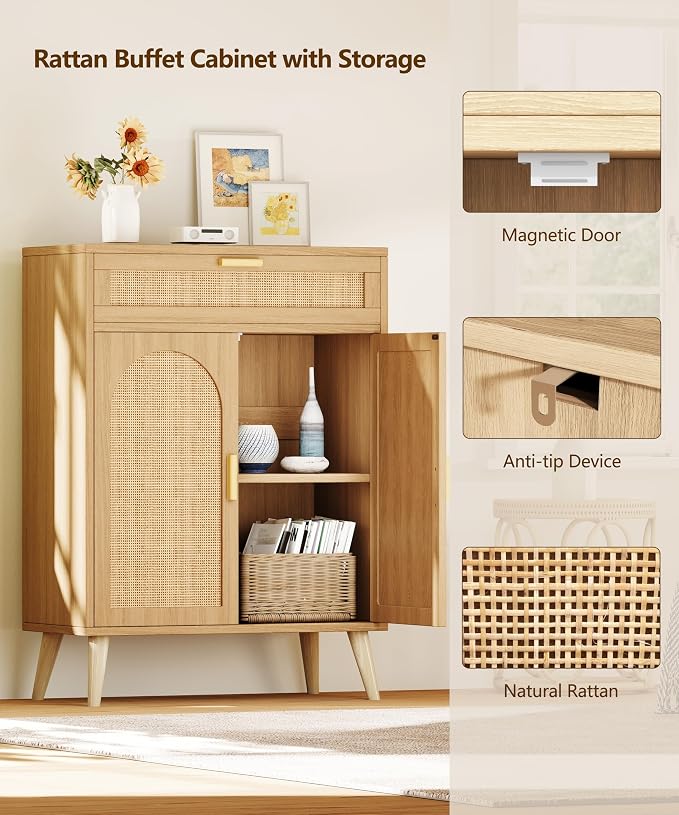 Keehusux Rattan Storage Cabinet with Drawer and 2 Doors, Accent Sideboard Buffet Cabinet with Adjustable Shelf, Solid Wood Feet, Coffee Bar for Kitchen, Living Room, Entryway, Natural Oak