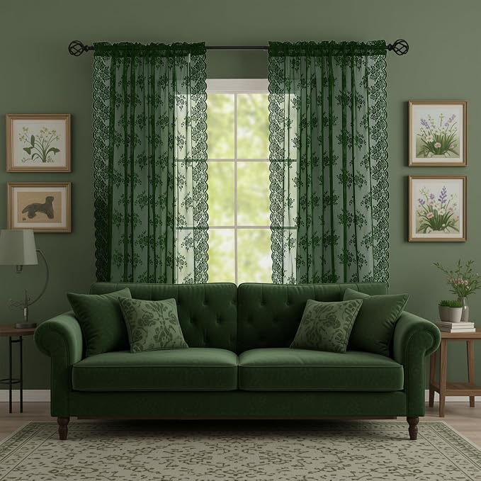 Emerald Green Sheer Curtains 72 Inches Long 2 Panels Set, Rusitc Floral Vintage Hunter Green Lace Curtains for Living Room, Rod Pocket Privacy Moody Dark Green Sheer Lace Curtain, Each 52 x 72 Inch