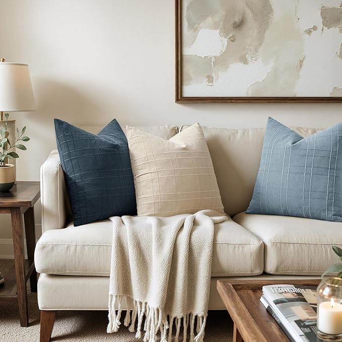 MIULEE Decorative Linen Check Throw Pillow Covers Neutral Farmhouse Vintage Pillow Covers 18x18 Set of 2 Boho Modern Home Decor for Sofa Couch Bedroom Cushion Blue Grey