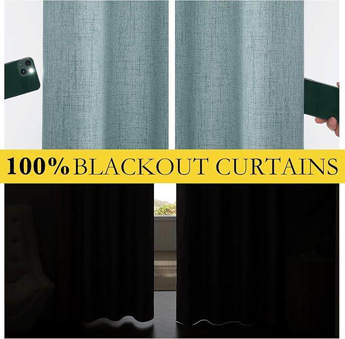 NICETOWN 2 Panels Skylark Blue Linen 100% Blackout Curtains, 42 x 63 Inch, Rod Pocket Style, Thermal Insulated & Noise Reducing Drapes for Living Room, Bedroom, Nursery, Modern & Simple Design