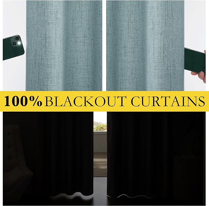 NICETOWN 100% Absolutely Blackout Linen Curtains with Thermal Insulated White Liner, Skylark Blue, 52 inches Wide, 48 inches Length Energy Saving Curtains for Cafe 2 Panels Set, Vertical Blinds