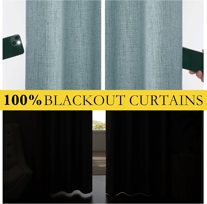 NICETOWN 100% Absolutely Blackout Linen Curtains with Thermal Insulated Liner, Skylark Blue, 42" Wide, 90" Length Energy Saving Curtains for Living Room 2 Panels Set, Vertical Blinds