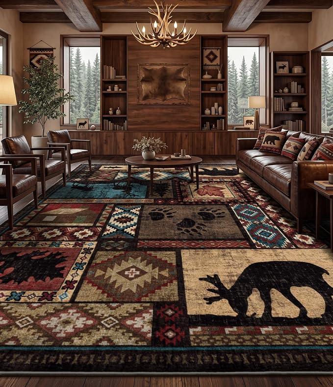 YIHOUSE Rustic Cabin Rugs for Living Room 9x12, Wildlife Bear & Deer Area Rug, Washable Southwestern Lodge Large Area Rug