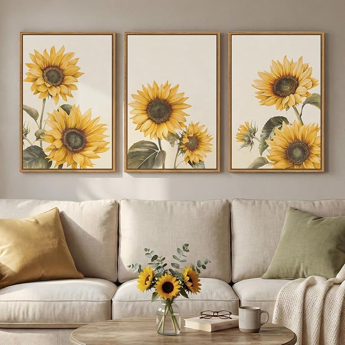 3 Piece Large Framed Floral Sunflower Wall Art for Bedroom, Farmhouse Rustic Botanical Canvas Paintings Prints, Yellow Flower Picture Artwork Wall Decor for Living Room kitchen Hallway 16x24 Inch