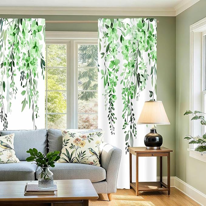 Green Watercolor Floral Curtains, Botanical Leaves Vine Flowers Curtain, Rustic Farmhouse Flower Leaf Blackout Window Treatment Drapes for Bedroom Living Room 52x72 inch, 2 Panels