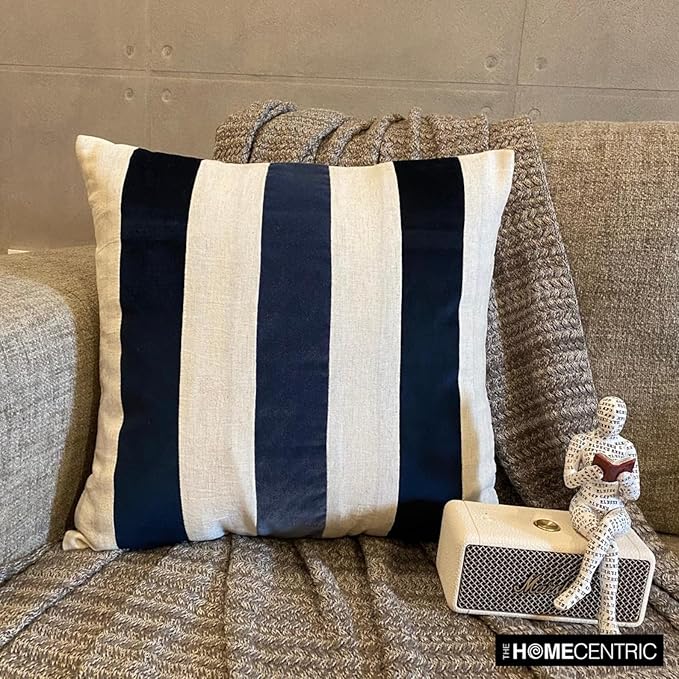 The HomeCentric Pack of 2 Decorative Throw Pillow Cover Navy 26"x26" (65x65 cm) Velvet & Linen Patchwork, Striped Pillowcases, Striped Modern Style - Velvet Band Navy
