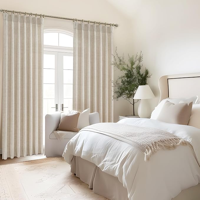 Pleated Natural Linen 95 Inch Curtains 2 Panel Set for Living Room, Rustic Farmhouse Pinch Pleat Semi Sheer Curtain Light Filtering Privacy Ceiling Track Nursery Window Drapes 40"W x 95 Inches Length
