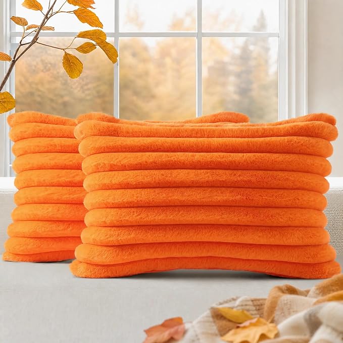 decorUhome Fall Cozy Faux Fur Throw Pillow Covers 12x20 Set of 2 Decorative Soft Plush Striped Lumbar Modern Farmhouse Boho Couch Pillow Cases with Velvet Back for Sofa Bed Living Room, Orange
