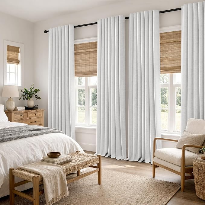 MIULEE 100% Blackout Linen Curtains for Bedroom, Heathered White Solid Luxury Decor Thermal Insulation Room Darkening Drapes for Living Room Back Tab Rod Pocket 42 x 84 Inches, 2 Panels