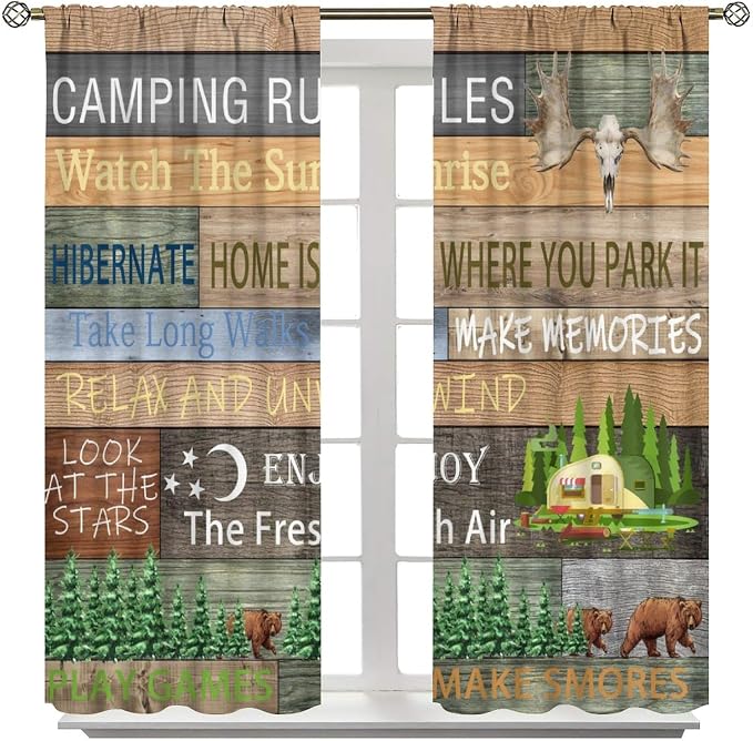 Camping Rules Blackout Curtains for Kitchen Campervan Traveller Outdoor Caravan Decor Rustic Cottage Forest Vintage Plank Background Window Treatments for Farmhouse Bedroom Living Room 42x54in