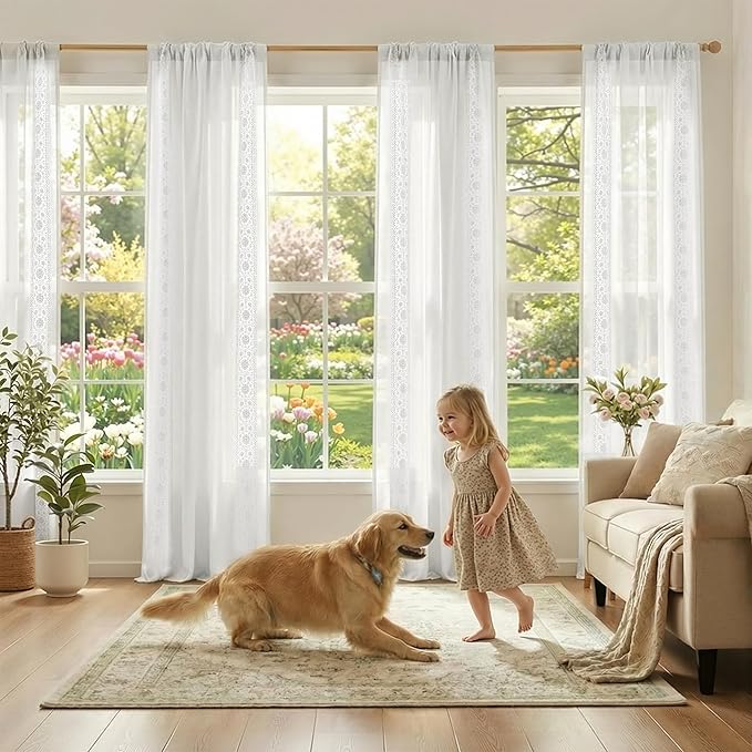 jinchan Weslie Floral White Sheer Curtains for Living Room 96 Inch Long Embroidered Voile Farmhouse Linen Curtains for Bedroom Bordered Flower Patterned Cottage Core Window Drapes 2 Panels Off White