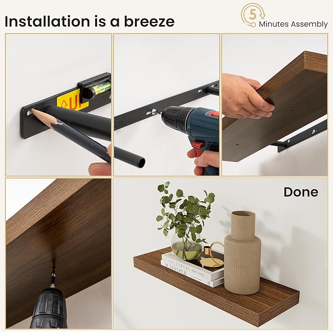 Fun Memories Floating Shelves for Wall, 32 Inch Set of 2 Rustic Wood Wall Shelves with Invisible Brackets, Heavy Duty Storage Display for Living Room Bedroom Kitchen, Walnut