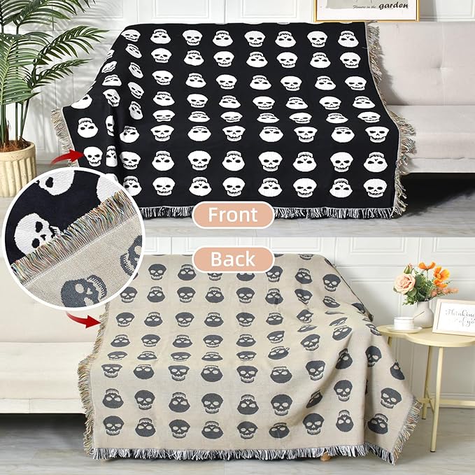 Boho Throw Blanket Reversible Cotton Bohemian Tapestry Hippie Room Decor Double Sided (Boho Skull Print Black 50"x60")