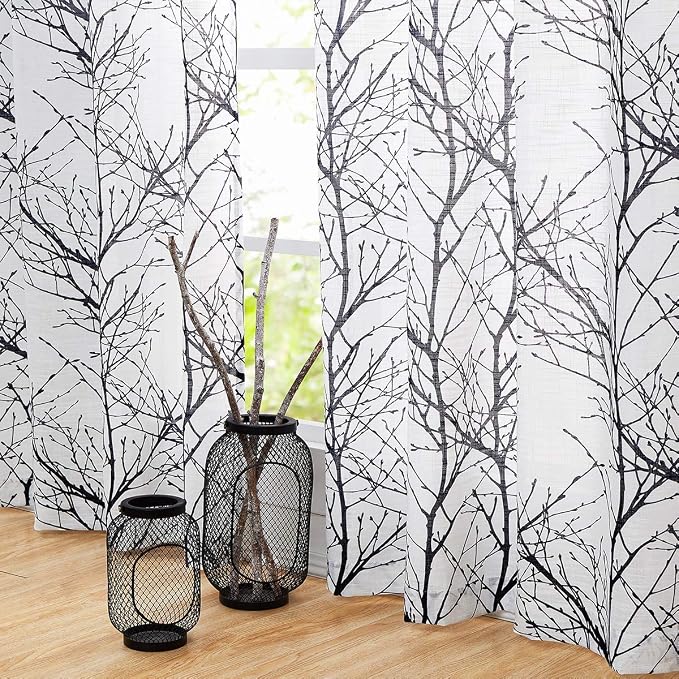 FMFUNCTEX Linen Semi Sheer Curtains for Bedroom, Black White Curtains 45 Inches Long for Living Room, Grey Tree Branch Patterned Curtain Light Filtering Kitchen Window Drapes, Grommet Top 2 Panels