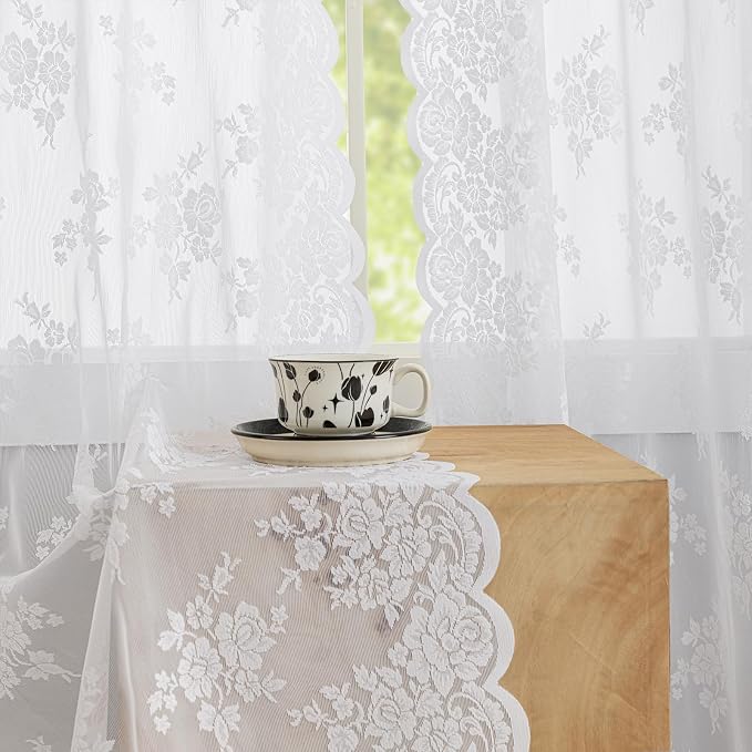 Kotile White Lace Curtains 54 Inch Length 2 Panels, W42 x L54 Inch Each, Country Rustic Floral Sheer Lace Curtains for Bedroom, Rod Pocket Privacy Light Filtering Window Lace Curtain