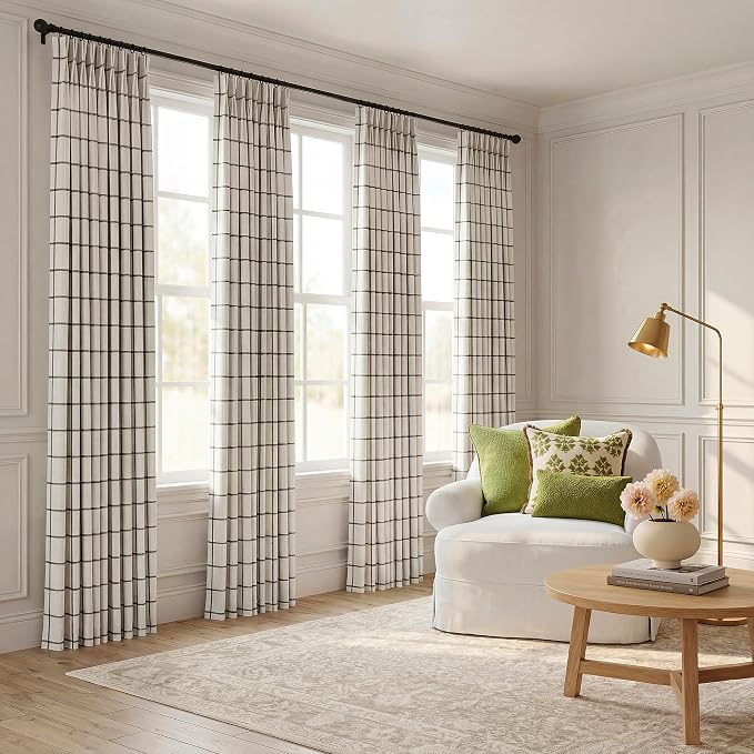 THREE GIRLS Pinch Pleated Curtains -Industrial Blackout Linen Buffalo Plaid Drapes, Thermal Insulated Window Panels for Gaming Room Boy's Room Home Theater, 84 Inches Long Black 2 Panels Set