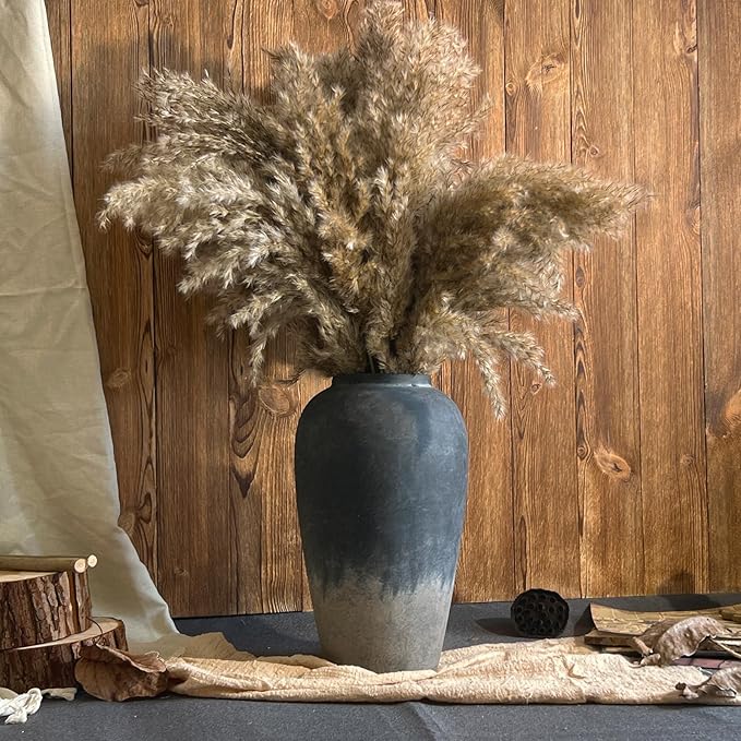 Ceramic Rustic Farmhouse Vase, 12 Inch Black Handmade Pottery Flower Vase for Home Decor, Rustic Living Room Decor, Wedding Gifts, Shelf & Table Decoration