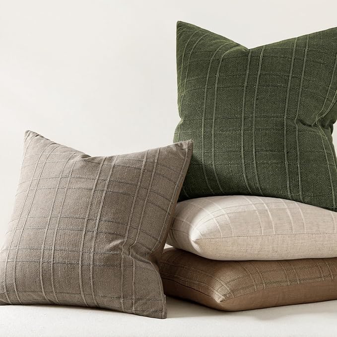 MIULEE Decorative Linen Check Euro Shams Throw Pillow Covers Neutral Farmhouse Vintage Spring Pillow Covers 22x22 Set of 2 Boho Modern Home Decor for Sofa Couch Bedroom Cushion Dark Olive Green