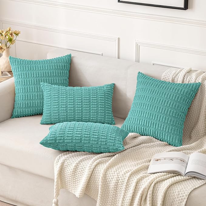 MIULEE Pack of 2 Corduroy Decorative Throw Pillow Covers 18x18 Inch Soft Boho Striped Pillow Covers Modern Farmhouse Home Decor for Summer Sofa Living Room Couch Bed Aqua Green