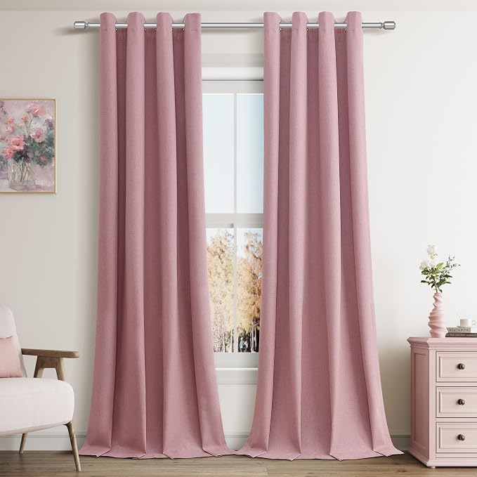 Jowels Blush Pink Linen Blackout Curtains 108 Length 2 Panels Set for Living Room Bedroom, 100% Black Out Thermal Insulated Linen Drapes, Room Darkening Grommet Curtains 108 Inches Long