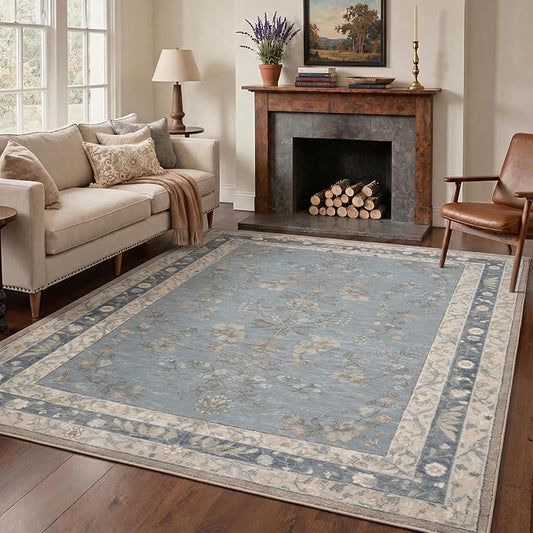 GENIMO 5x7 Area Rugs for Living Room, Machine Washable Non Slip Vintage Rugs, Low Pile Lightweight Chenille Print Rug for Bedroom, Dining Room, Home Office, Dusty Blue