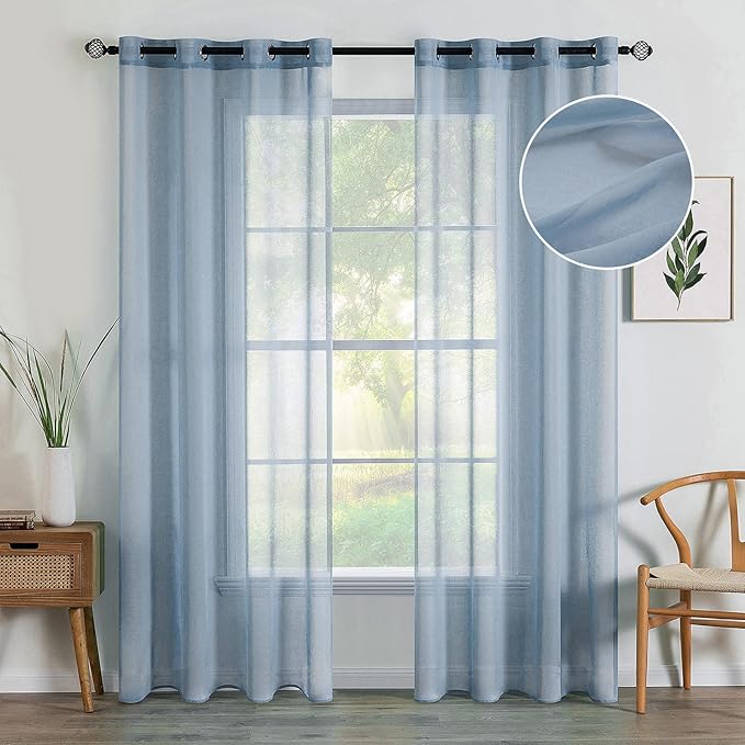 MIULEE 2 Panels Dusty Blue Semi Sheer Window Curtains Elegant Grommet Top Window Voile Drapes/Treatment Linen Textured Panels for Bedroom Living Room (54X96 Inches)