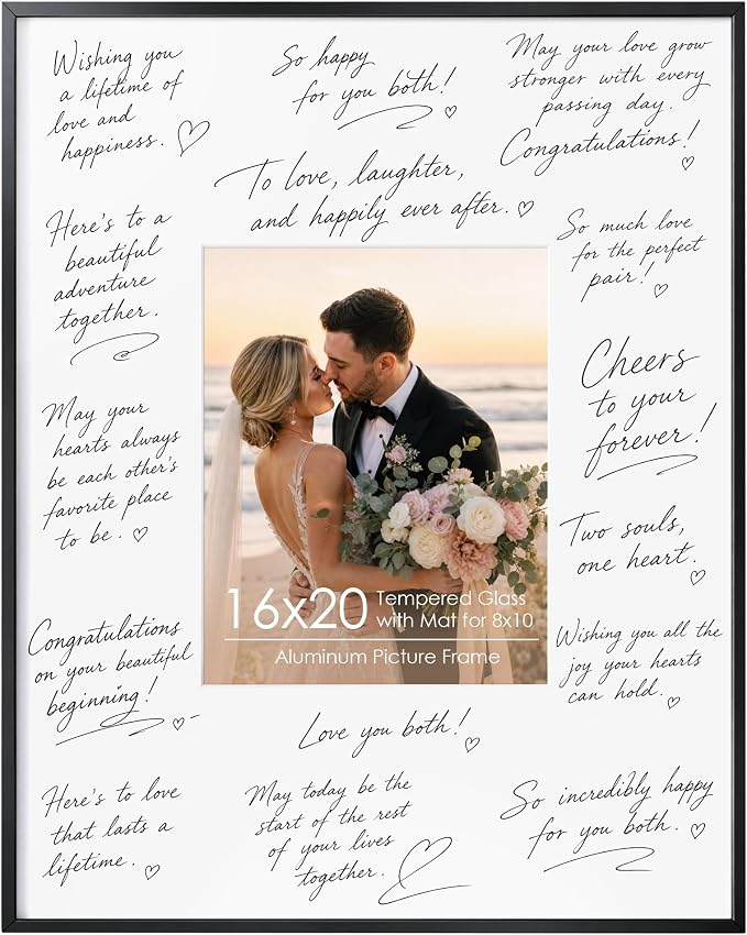 Signature Picture Frame 16x20, Aluminum Signable Frame with Glass, Black | Sleek Black Signable Frame with 8x10 for Wedding, Graduation, Birthday & Baby Shower Guest Book| Real Glass & Wall Kit