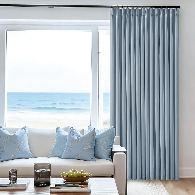 Blue Grey Pinch Pleated Full Blackout Curtains Linen Blend Room Darkening Window Curtains 80 Inch for Living Room Bedroom Thermal Insulated Back Tab Pinch Pleat Drapes with Hooks Rings 2 Panels