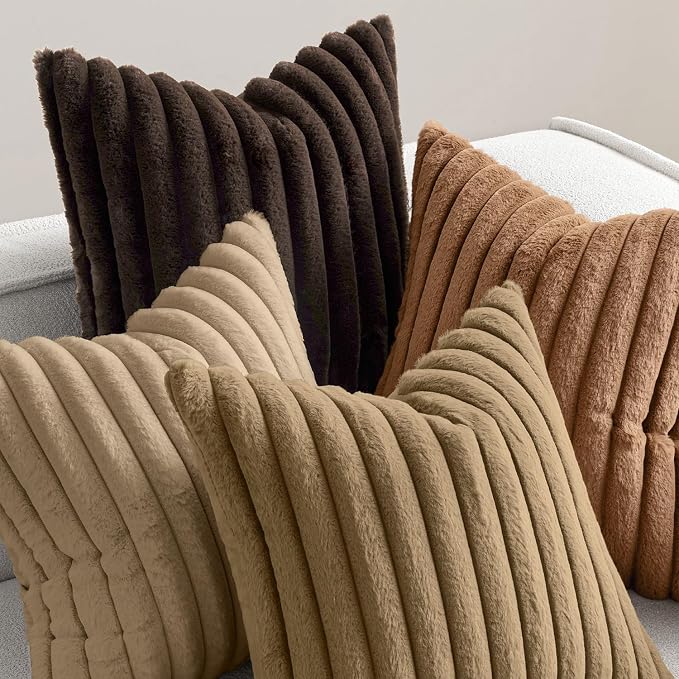 MIULEE Faux Fur Plush Decorative Throw Pillow Covers 20x20 Set of 4, Boho Fall Farmhouse Soft Fuzzy Striped Cushion Covers for Sofa Couch Bed Living Room Vintage Rustic Home Decor,Dark Brown