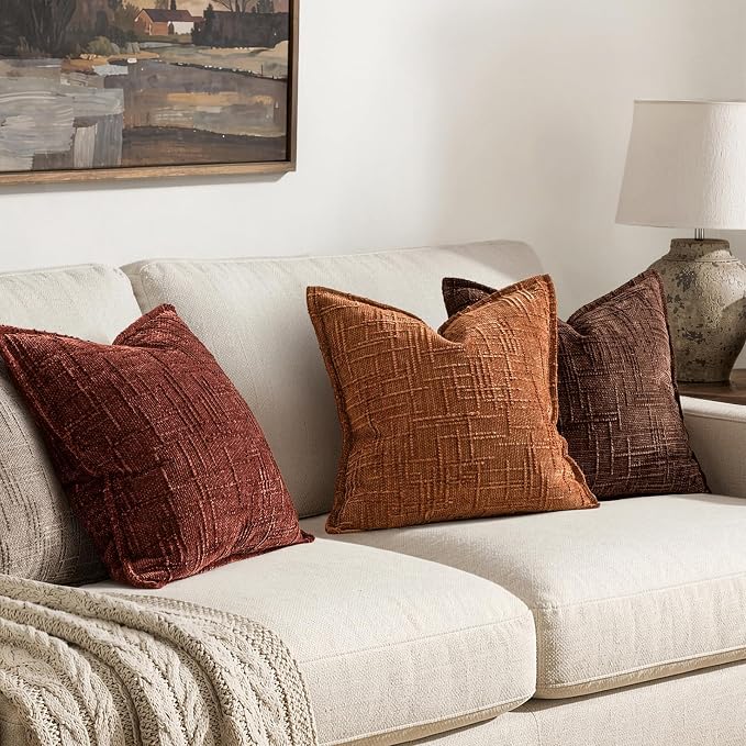 MIULEE Slubby Textured Decorative Throw Pillow Covers 22x22 Inch Set of 2 Boho Farmhouse Soft Cozy Chenille Pillows Cushion Cases Modern Fall Home Decor for Couch Sofa Bed Living Room, Rust