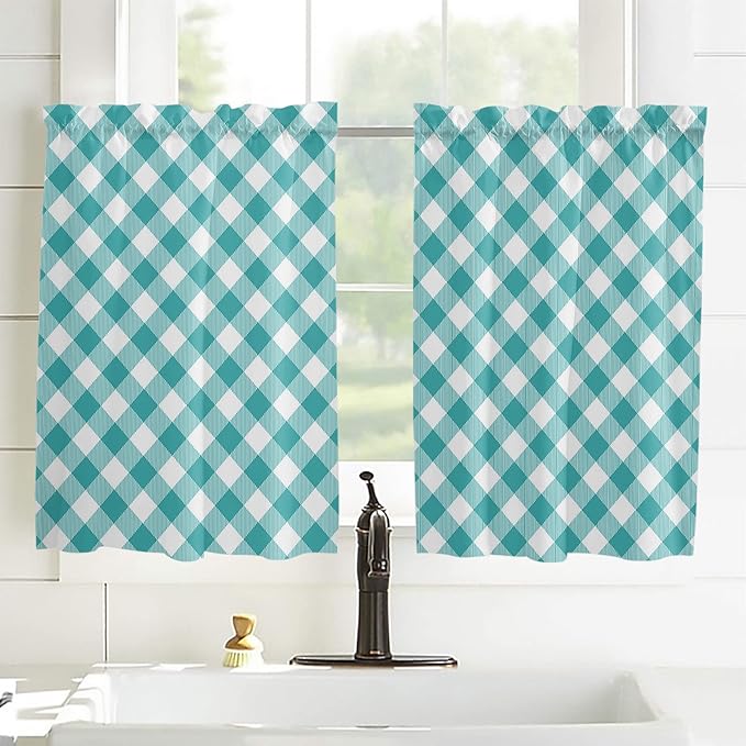 45 Inch Long Tier Curtains for Kitchen, Pastoral Style Teal Green Lattice Bathroom Window Curtains Rod Pocket Short Curtains Window Treatment Tiers for Living Room Farmhouse 2 Panels