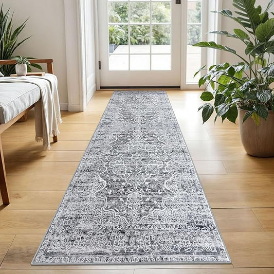 KUTA Vintage Washable Runner Rug, 2x5 Runners Non-Slip Vintage Grey Blue White 5ft Hallway Kitchen Rugs Soft Printed Distressed Tribal Farmhouse Carpet for Bedroom Entryway Decor