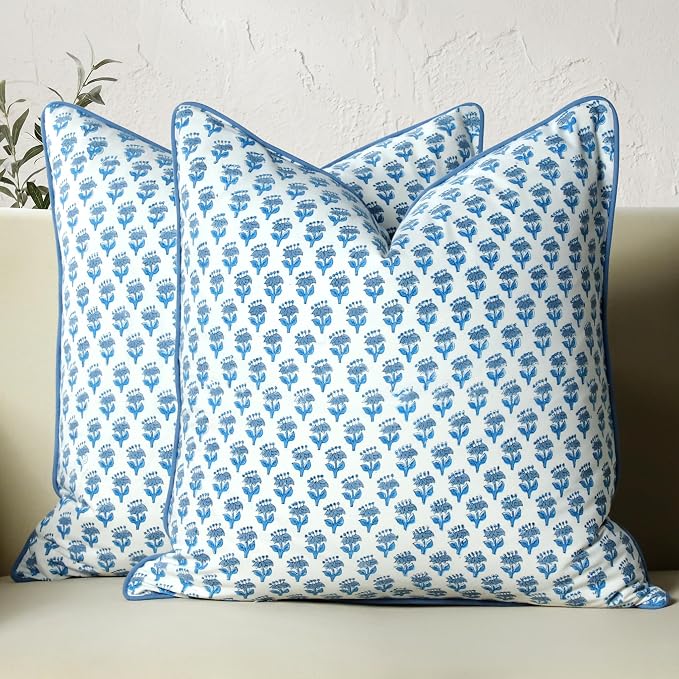 CPC 100% Cotton Throw Pillow Covers 16X16 Blue Block Print Pattern Couch Pillow, Cute Boho Decorative Pillows for Living Room, Bedroom with Hidden Zipper- Apatite Blue