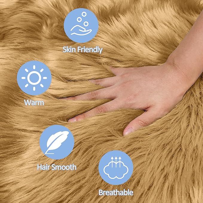 Khaki Faux Fur Round Rug for Bedroom, Fluffy Circle Rugs 2 2 Feet for Kids Room, Furry Carpet for Teen Girls Room, Non-Slip Shaggy Circular Rug Plush Rug