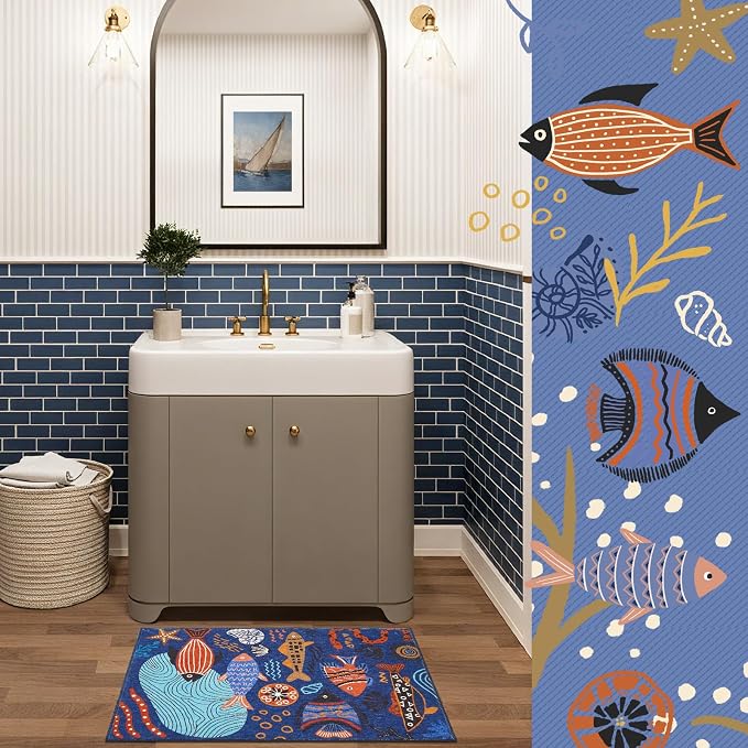 jinchan 2x3 Coastal Area Rug Kids Washable Fun Rug Colorful Ocean Fish Small Mat Non Slip Doormat Lightweight Soft Cozy Throw Carpet for Entryway Nursery Playroom Bedside Dorm Bathroom, Blue
