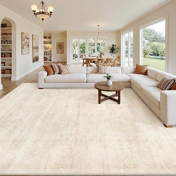 10x12 Area Rug for Living Room: Vintage Boho Neutral Washable Rug Indoor Soft Large Area Rug Carpet for Bedroom Nursery Farmhouse Dining Room Office Floor Non-Slip Low Pile Under Table Rug Retro Beige