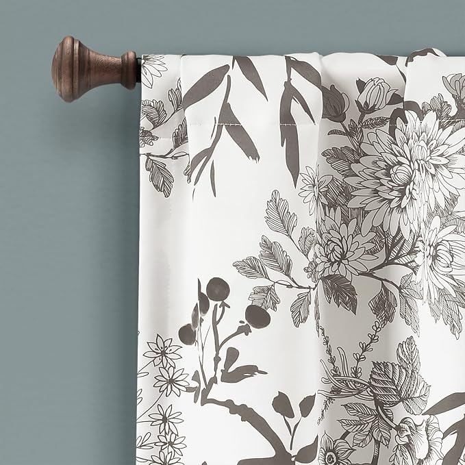Lush Decor Botanical Garden Curtains Floral Bird Print Light Filtering Window Valance Drapes for Living, Dining, Bedroom, Gray & White, 52"W x 18L"