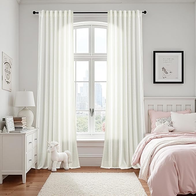 Cream Colored Shabby Chic Curtains 84 inches Long 2 Panel Set for Living Room Back Tab Semi Sheer Boho Farmhouse Curtain Cute Furry Nursery Bedroom Drapes Elegant Aesthetic Room Decor Ivory White