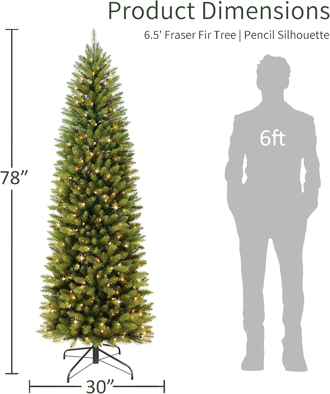 Puleo International 6.5ft Pre-Lit Fraser Fir Pencil Christmas Tree with 250 Clear Lights, 826 Realistic Dense Branch Tips, Easy Setup Artificial Trees with Sturdy Metal Stand