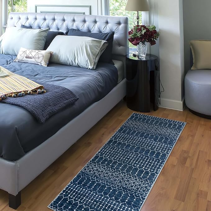 Lahome Moroccan 2x5 Washable Blue Runner Rug, Non-Slip Low-Pile Stain Resistant Kitchen Rugs, Geometric Soft Bathroom Runner Carpet for Entrance Bedroom Laundry Hana, Blue